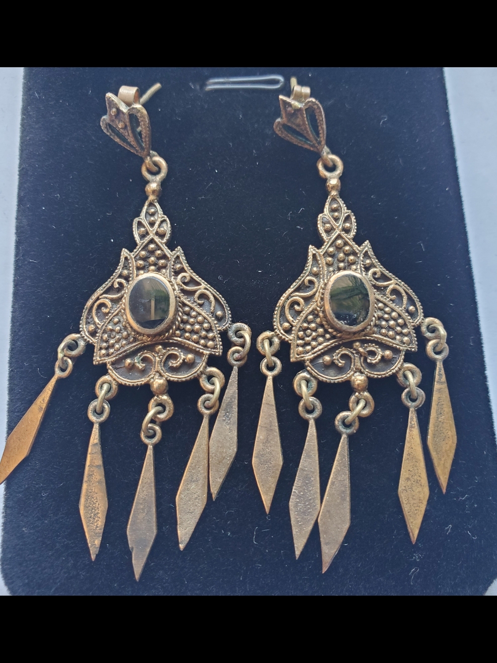 Antique-Style Gold Tone Dangle Earrings with Black Onyx